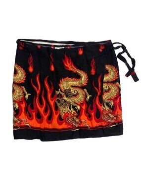 Y2K MALL GOTH Dragon Flame Print Wrap Mini Wrap Skirt Black Red M Grunge Cyber